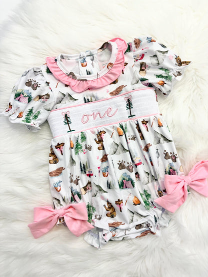 one happy camper girls first birthday bubble romper outfit pink bows first birthday girl romper pink and white outfit, camping pink green smocked dress first birthday embroidered camper smocked short sleeve 1st birthday outfit ruffle dress baby girls, the mod mango