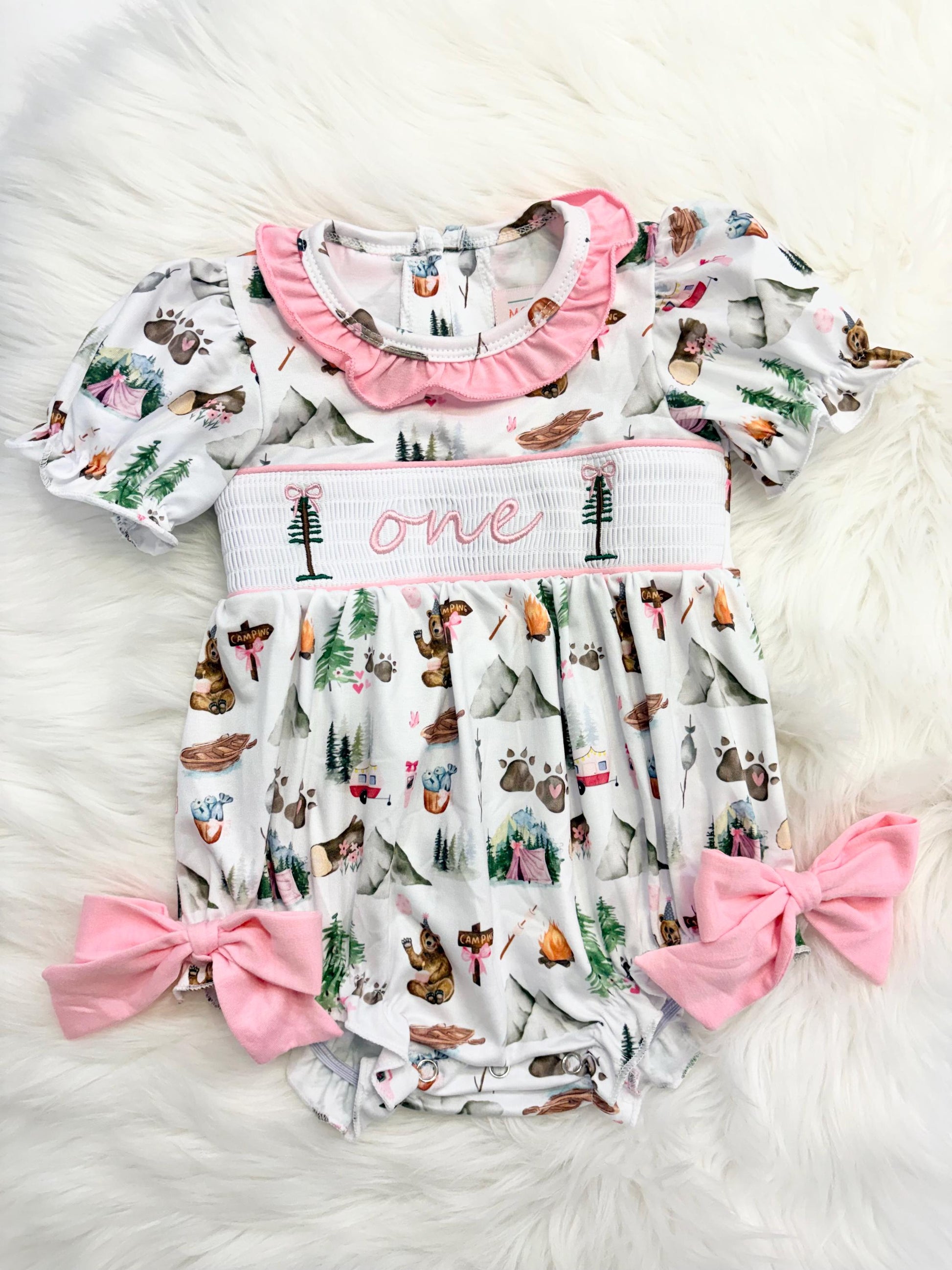 one happy camper girls first birthday bubble romper outfit pink bows first birthday girl romper pink and white outfit, camping pink green smocked dress first birthday embroidered camper smocked short sleeve 1st birthday outfit ruffle dress baby girls, the mod mango
