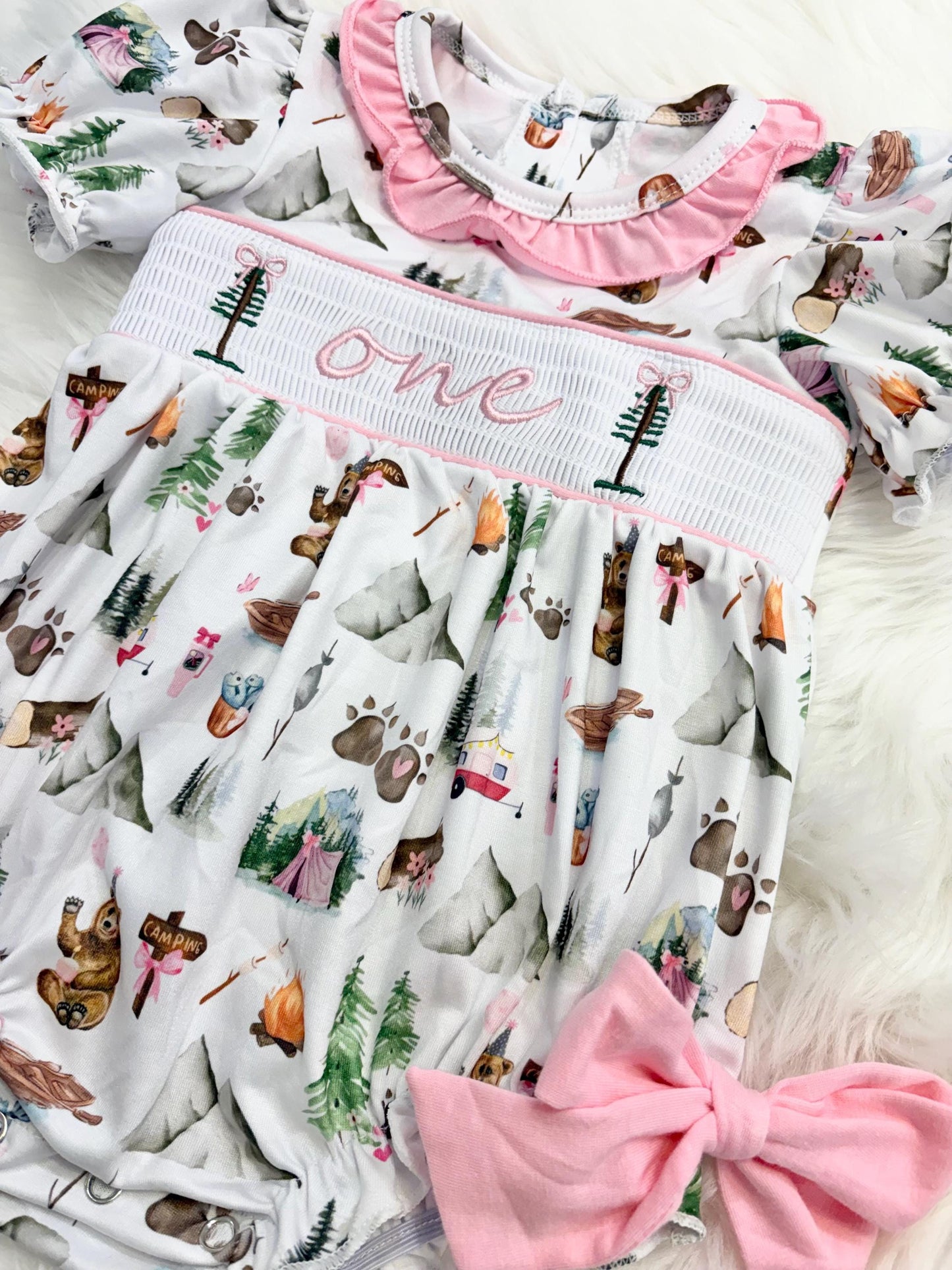 one happy camper girls first birthday bubble romper outfit pink bows first birthday girl romper pink and white outfit, camping pink green smocked dress first birthday embroidered camper smocked short sleeve 1st birthday outfit ruffle dress baby girls, the mod mango
