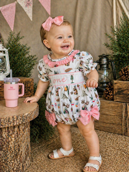 one happy camper girls first birthday bubble romper outfit pink bows first birthday girl romper pink and white outfit, camping pink green smocked dress first birthday embroidered camper smocked short sleeve 1st birthday outfit ruffle dress baby girls, the mod mango