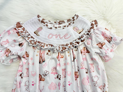 my first rodeo cowgirl girls first birthday bubble romper outfit pink bows brown cow print first birthday holy cow i'm one girl romper pink and white outfit, cowgirl boots pink smocked dress first birthday embroidered cow smocked short sleeve 1st birthday outfit ruffle dress baby girls, the mod mango