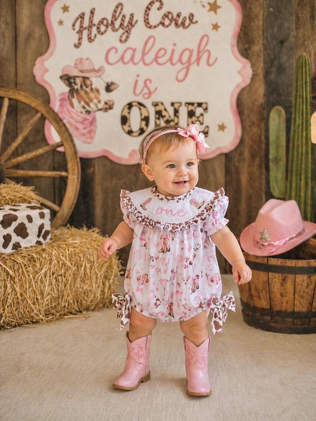 my first rodeo cowgirl girls first birthday bubble romper outfit pink bows brown cow print first birthday holy cow i'm one girl romper pink and white outfit, cowgirl boots pink smocked dress first birthday embroidered cow smocked short sleeve 1st birthday outfit ruffle dress baby girls, the mod mango