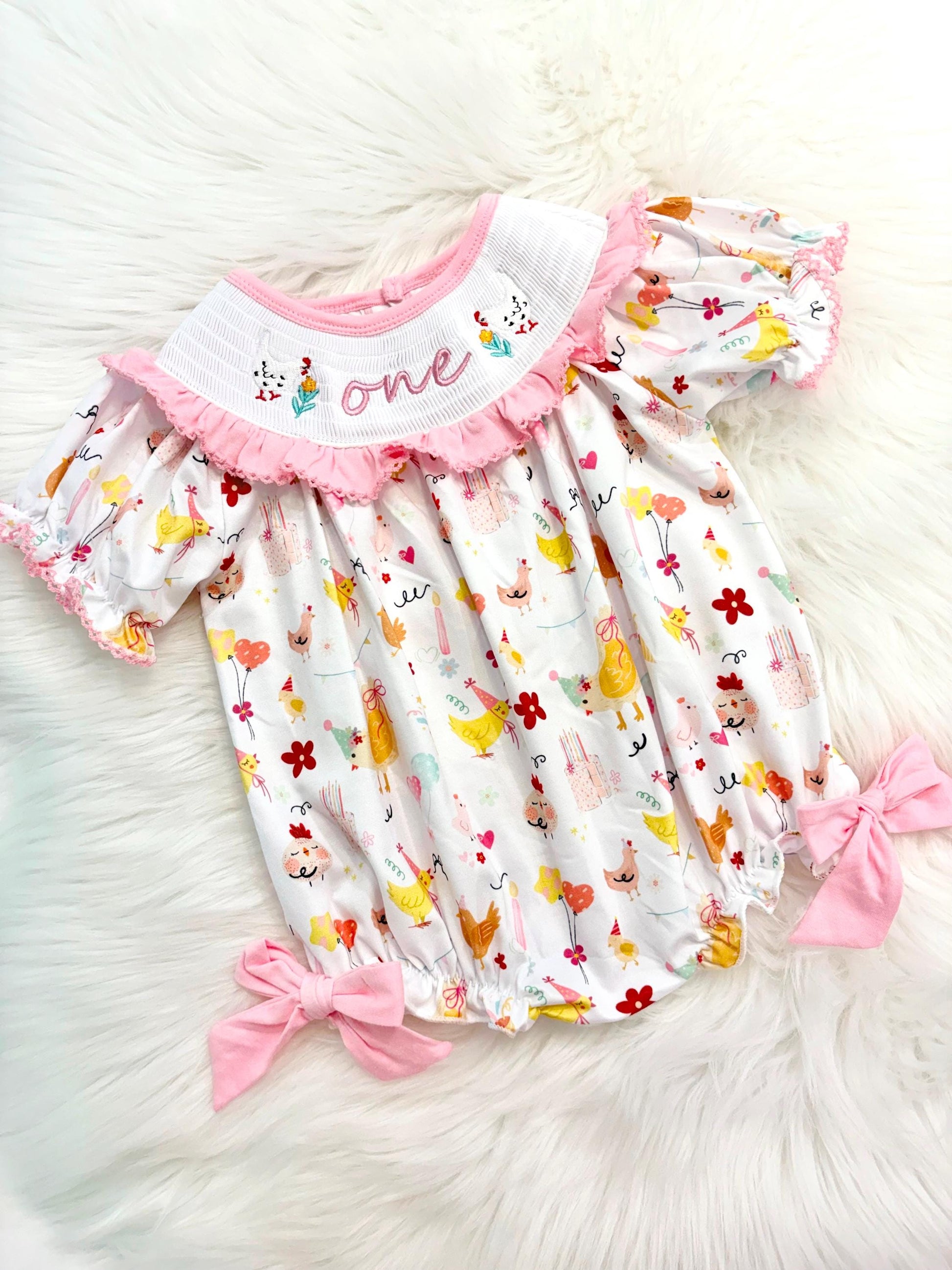 Baby Girl Chick Birthday Romper: Smocked ONE Chicken Outfit with Ruf