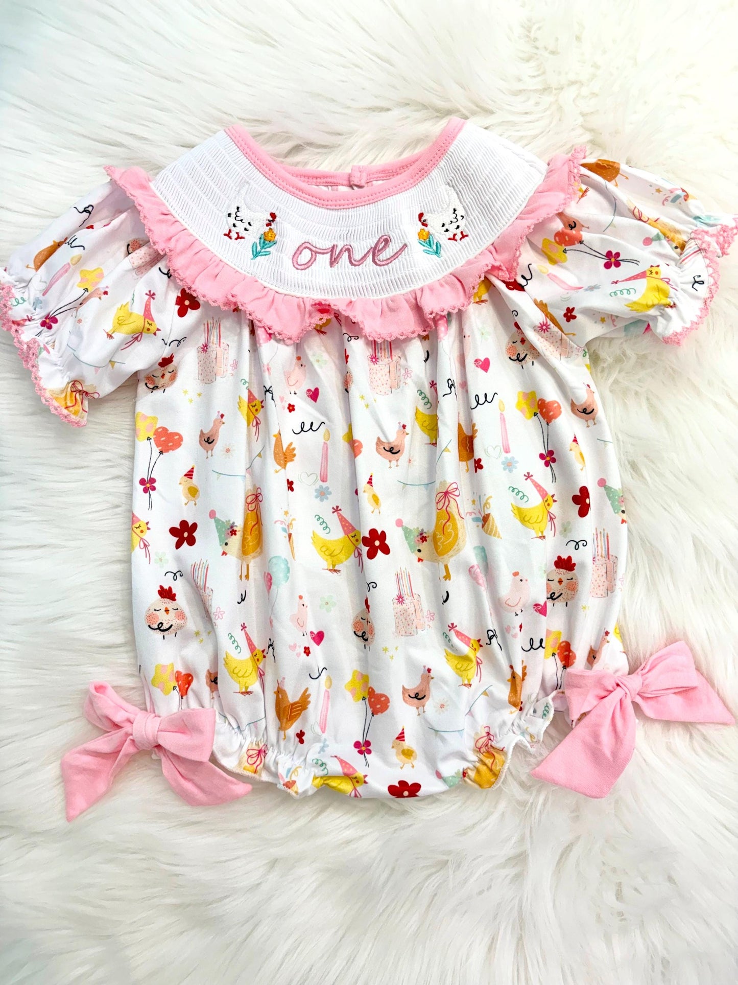 once cute chick girls first birthday bubble romper outfit pink bows first birthday girl romper pink and white outfit, pink yellow smocked dress first birthday embroidered chicken smocked short sleeve 1st birthday outfit ruffle dress baby girls, the mod mango baby co