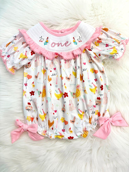 once cute chick girls first birthday bubble romper outfit pink bows first birthday girl romper pink and white outfit, pink yellow smocked dress first birthday embroidered chicken smocked short sleeve 1st birthday outfit ruffle dress baby girls, the mod mango baby co