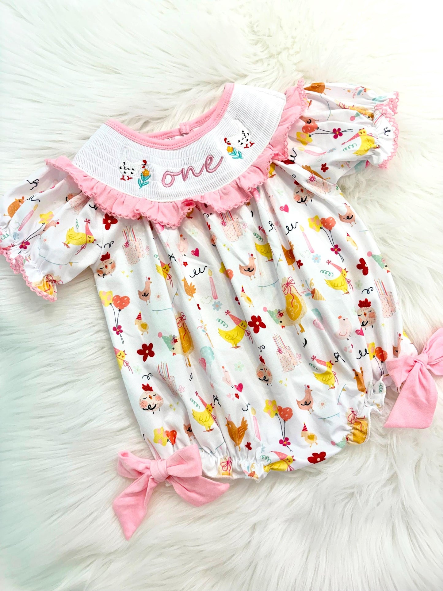 once cute chick girls first birthday bubble romper outfit pink bows first birthday girl romper pink and white outfit, pink yellow smocked dress first birthday embroidered chicken smocked short sleeve 1st birthday outfit ruffle dress baby girls, the mod mango baby co