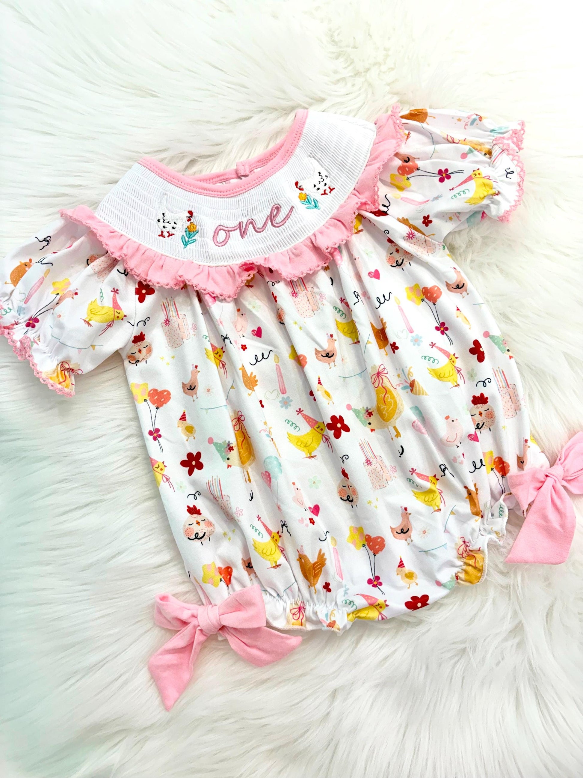 once cute chick girls first birthday bubble romper outfit pink bows first birthday girl romper pink and white outfit, pink yellow smocked dress first birthday embroidered chicken smocked short sleeve 1st birthday outfit ruffle dress baby girls, the mod mango baby co