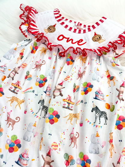 carnival circus party animal cake smash outfit first birthday girl romper 1st birthday red and white striped stripes colorful smash cake outfit bubble romper flutter sleeves, ONE smocked romper first birthday, animals lion embroidered smocked spring summer 1st birthday girl outfit romper baby girls cake smash outfit, the mod mango baby boutique co