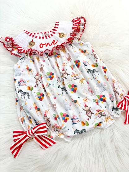 carnival circus party animal cake smash outfit first birthday girl romper 1st birthday red and white striped stripes colorful smash cake outfit bubble romper flutter sleeves, ONE smocked romper first birthday, animals lion embroidered smocked spring summer 1st birthday girl outfit romper baby girls cake smash outfit, the mod mango baby boutique co