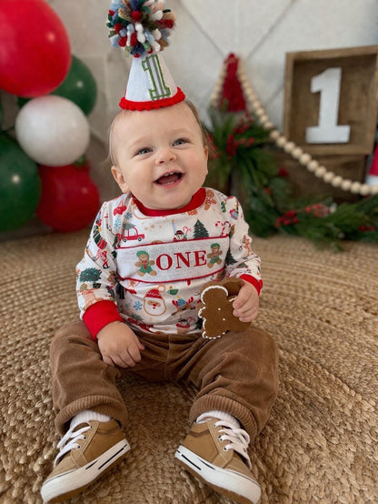 Oh What Fun First Birthday Smocked Romper: Boys Christmas Gingerbread Outfit