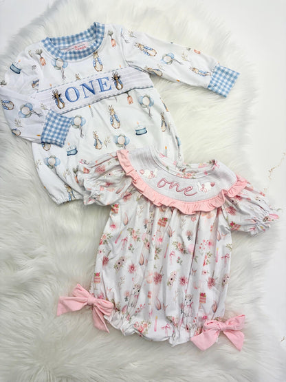 Bunny First Birthday Smocked Romper Dress: Pink Bow Outfit