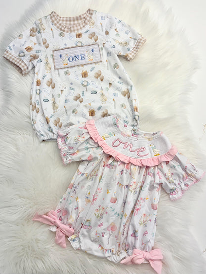 One Silly Goose 1st Birthday Smocked Romper: Baby Boy Outfit