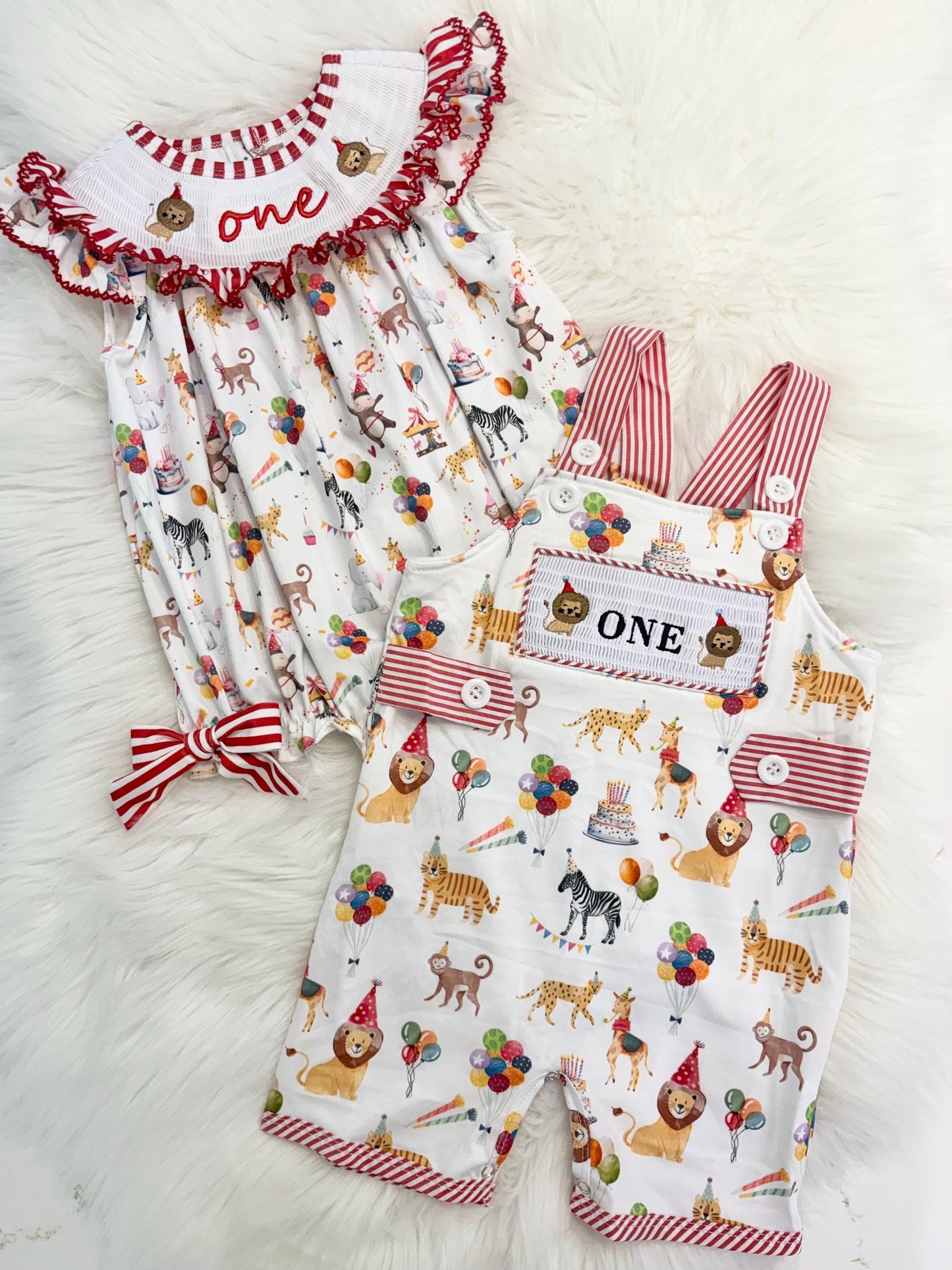 Circus Party Animals First Birthday Smocked Red Bow Bubble Romper Outfit