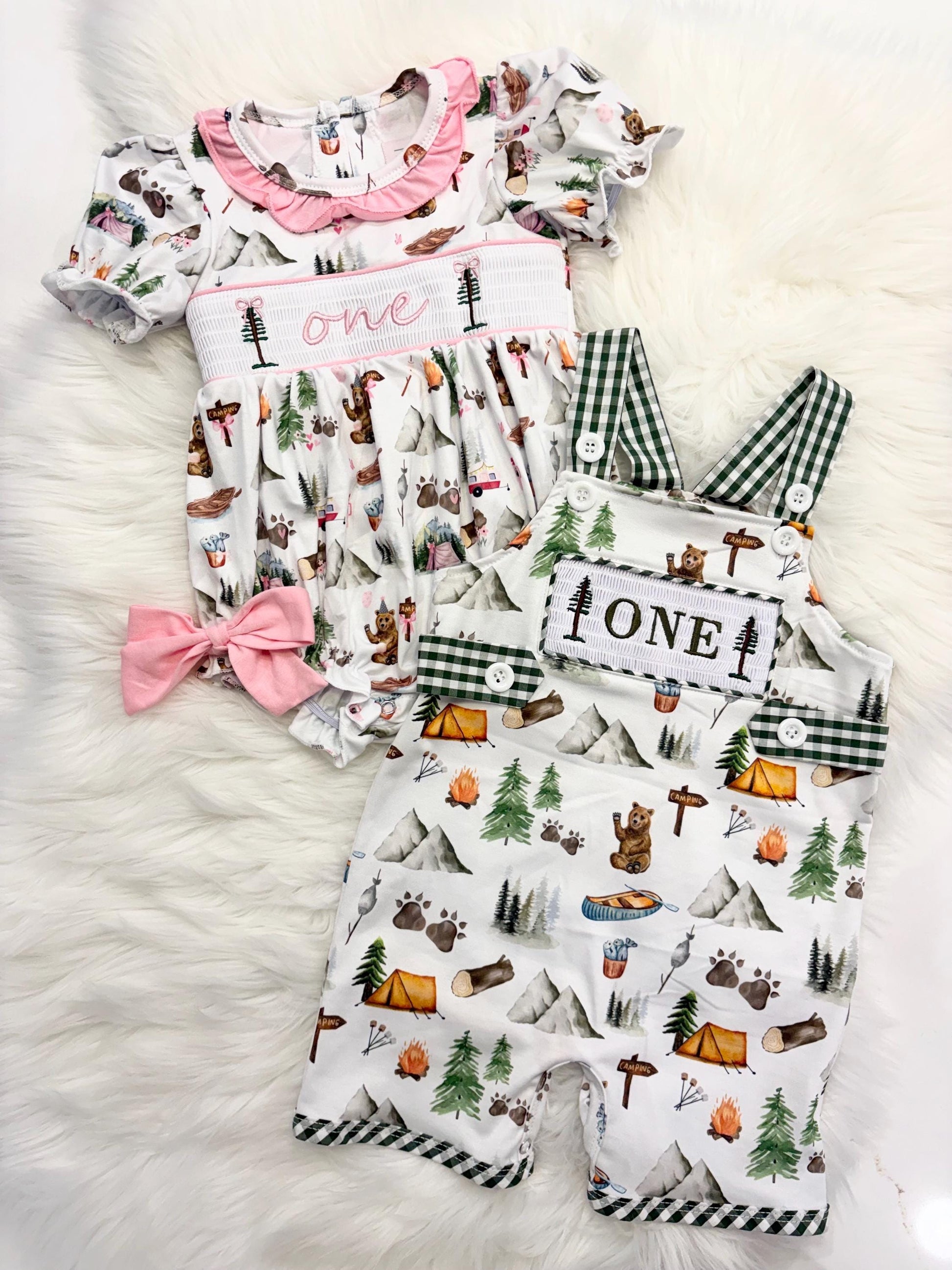 One Happy Camper First Birthday Outfit: Boys Smocked Romper Overalls