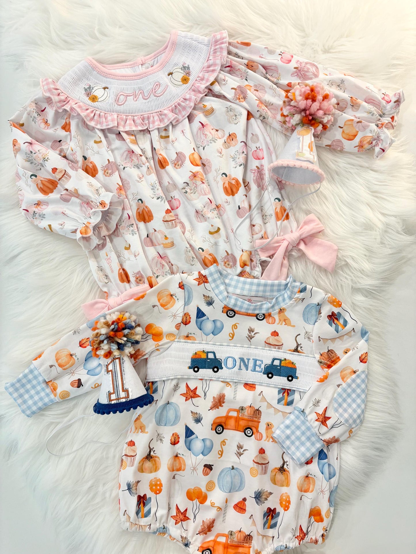 Our Little Pumpkin First Birthday Romper: Girls Smocked Pink Floral Outfit