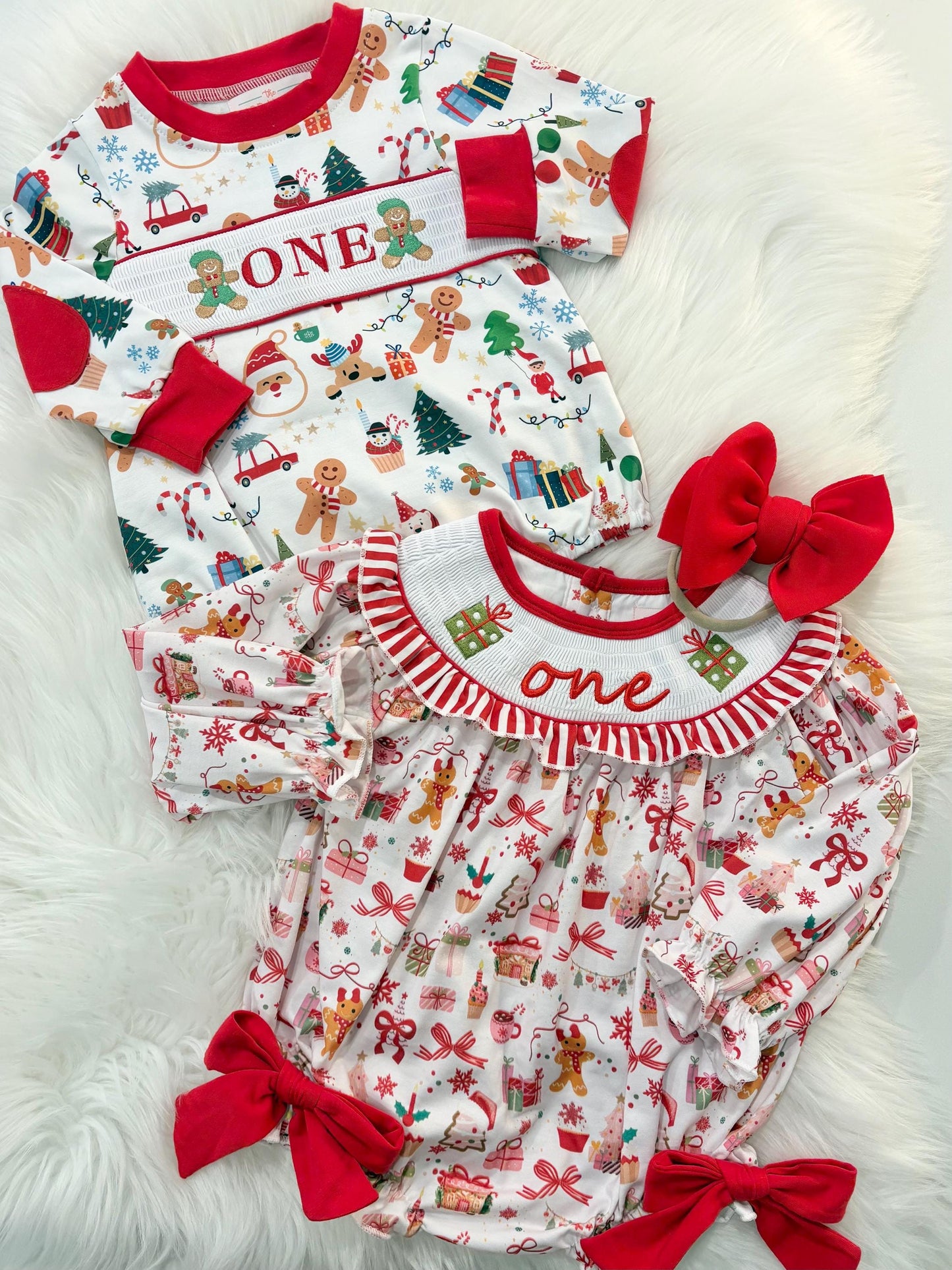 Oh What Fun First Birthday Smocked Romper: Boys Christmas Gingerbread Outfit