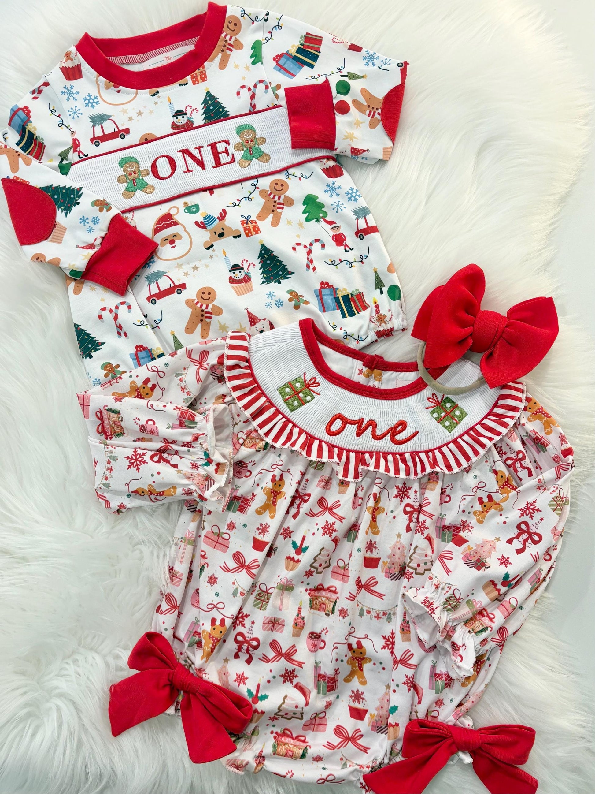 Oh What Fun First Birthday Smocked Romper: Boys Christmas Gingerbread Outfit
