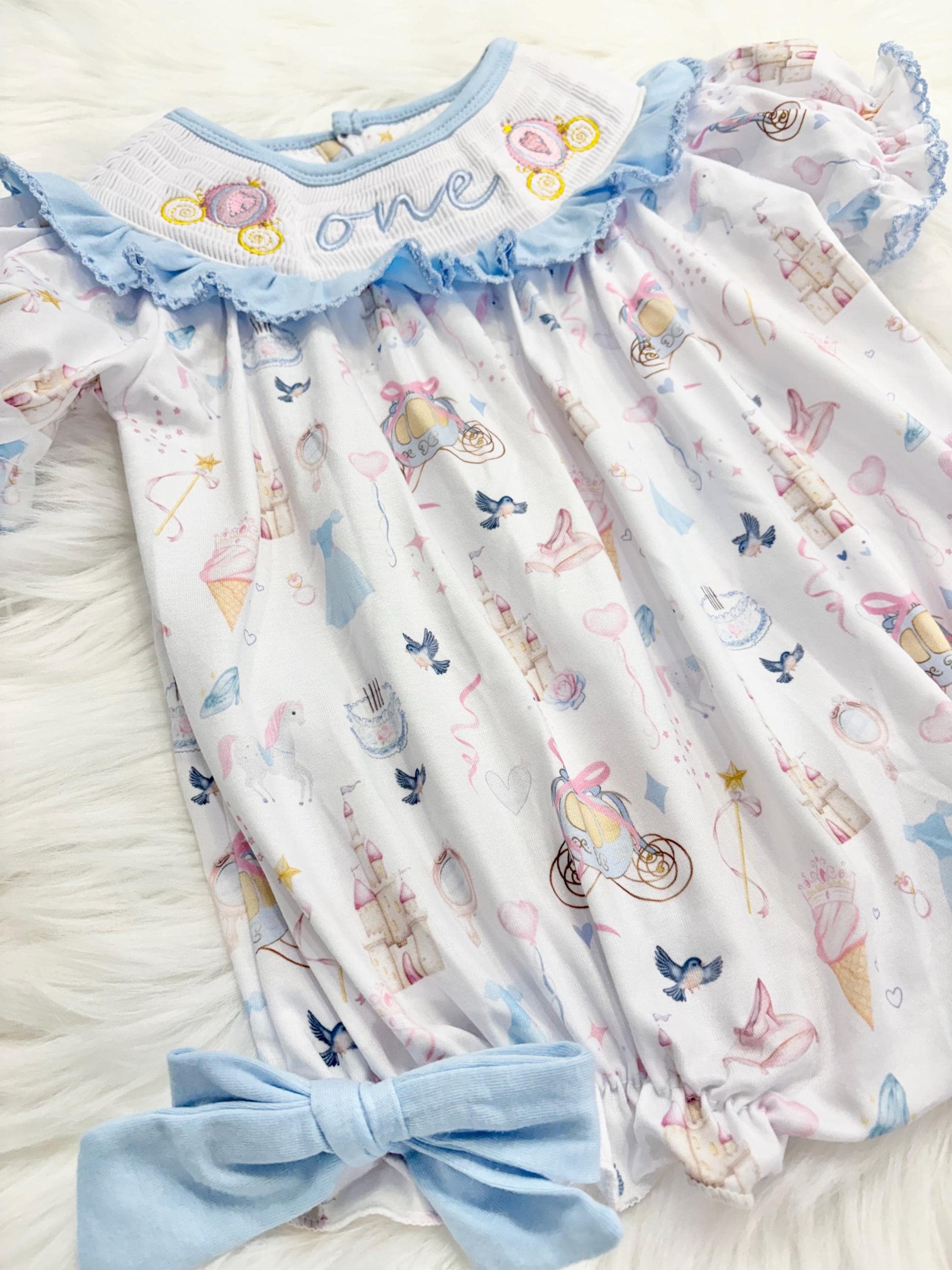 disney princess girls first birthday bubble romper outfit, one-ce once upon a time blue bows first birthday girl princess romper pink and white outfit, first birthday embroidered carriage smocked short sleeve 1st birthday outfit ruffle dress baby girls