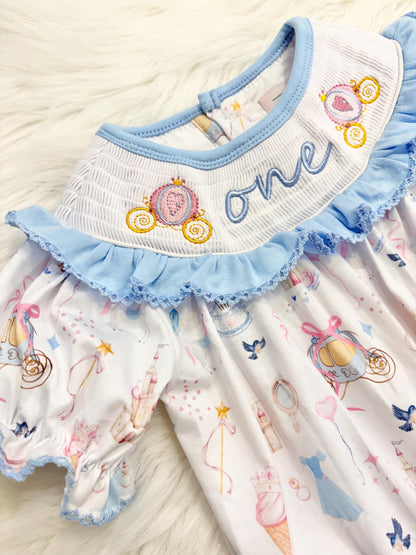 Princess 1st Birthday Smocked Romper: One-ce Upon a Time Blue Ruffles and Bows