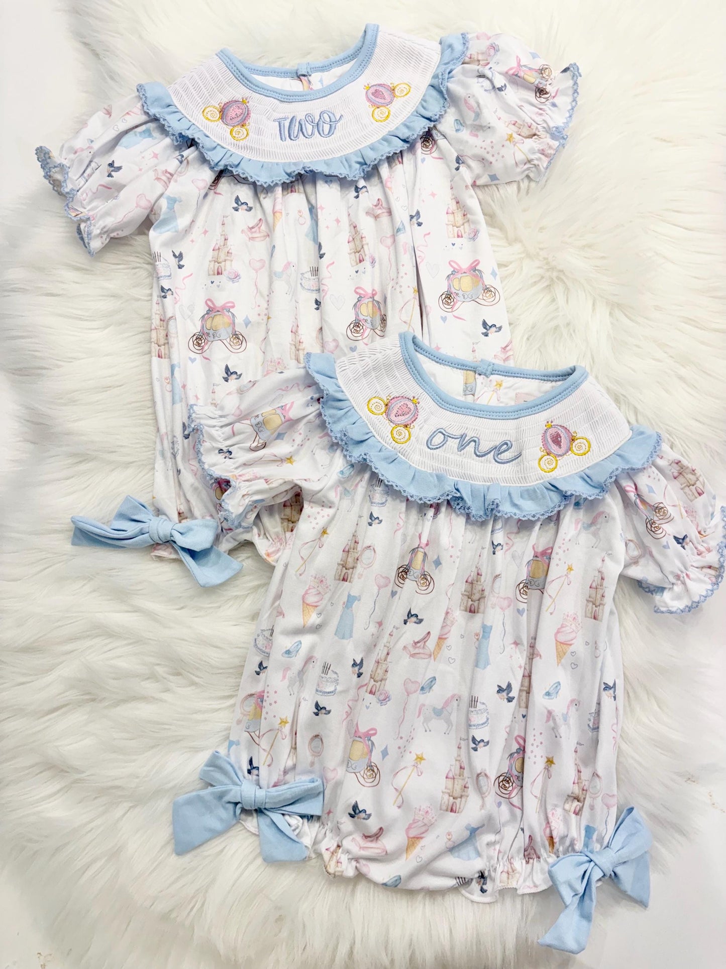 Bibbidi Bobbidi TWO Princess Second Birthday Smocked Romper: Blue Ruffles and Bows