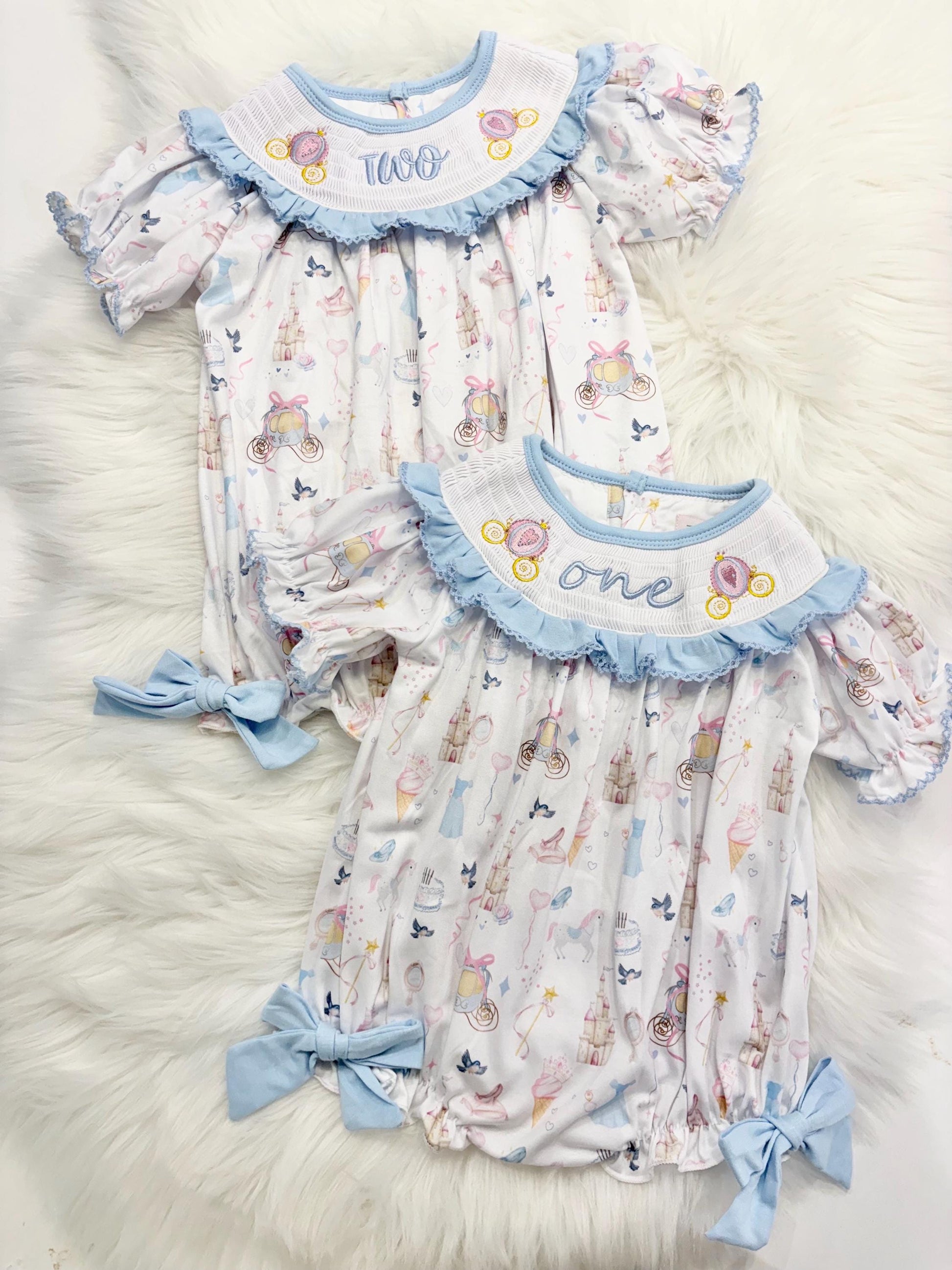 Bibbidi Bobbidi TWO Princess Second Birthday Smocked Romper: Blue Ruffles and Bows