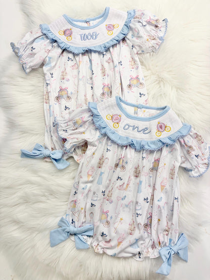 Bibbidi Bobbidi TWO Princess Second Birthday Smocked Romper: Blue Ruffles and Bows