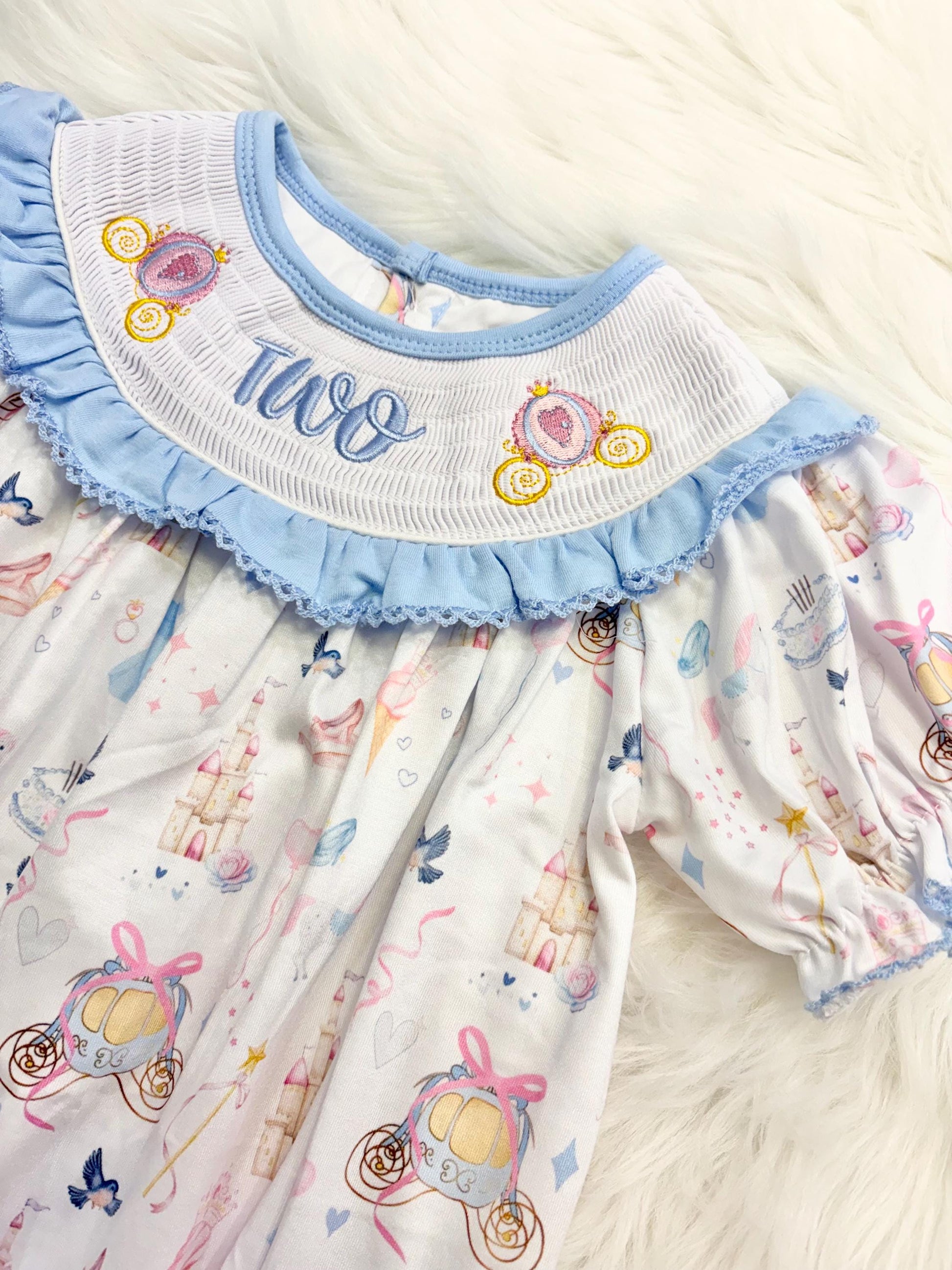 bibbidi bobbidi two disney princess girls second birthday bubble romper outfit, once once upon a time blue bows 2nd birthday girl princess romper pink and white outfit, second birthday embroidered carriage smocked short sleeve 2nd birthday outfit ruffle dress baby girls