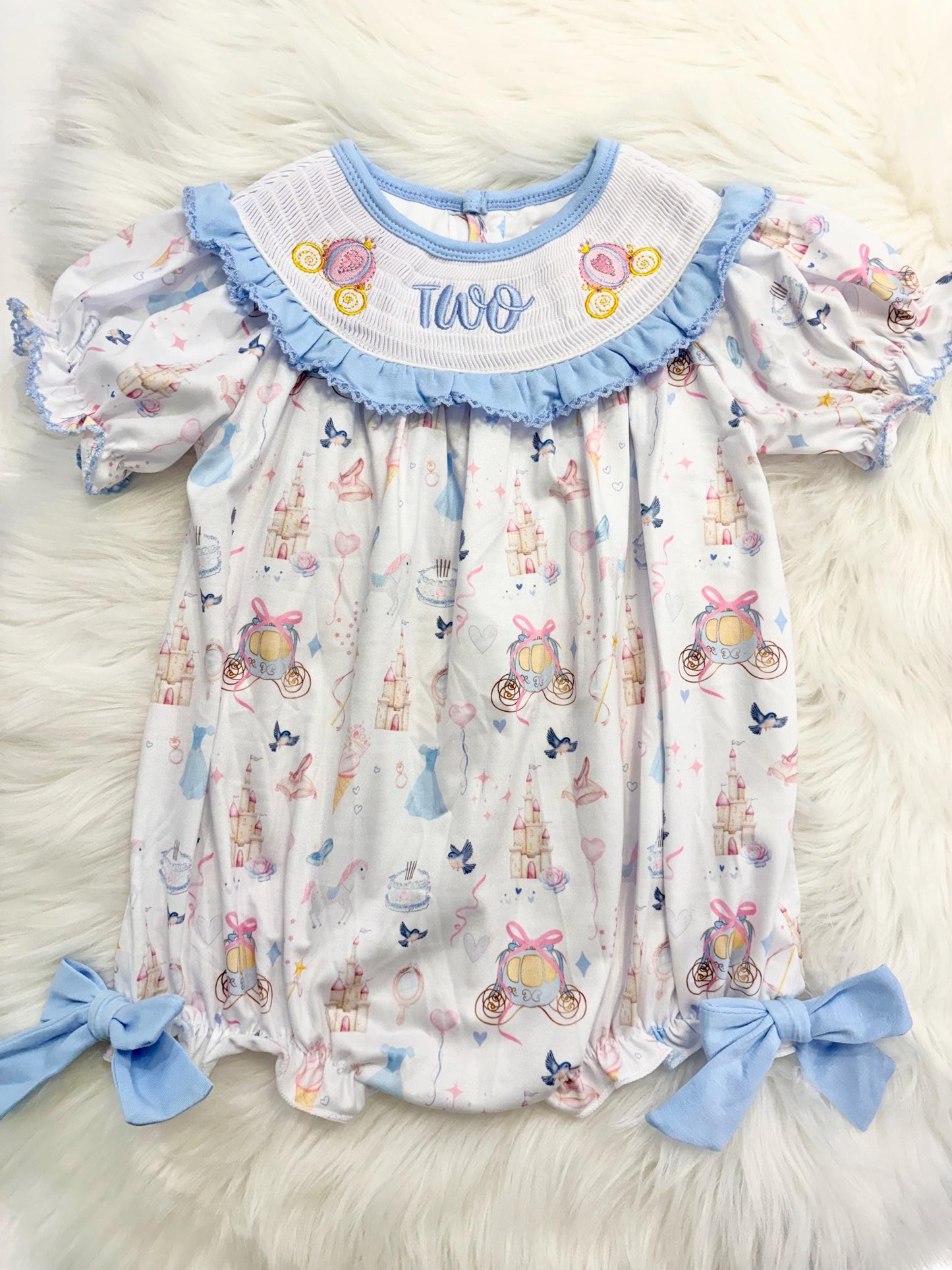 bibbidi bobbidi two disney princess girls second birthday bubble romper outfit, once once upon a time blue bows 2nd birthday girl princess romper pink and white outfit, second birthday embroidered carriage smocked short sleeve 2nd birthday outfit ruffle dress toddler girls, the mod mango