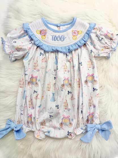 bibbidi bobbidi two disney princess girls second birthday bubble romper outfit, once once upon a time blue bows 2nd birthday girl princess romper pink and white outfit, second birthday embroidered carriage smocked short sleeve 2nd birthday outfit ruffle dress toddler girls, the mod mango
