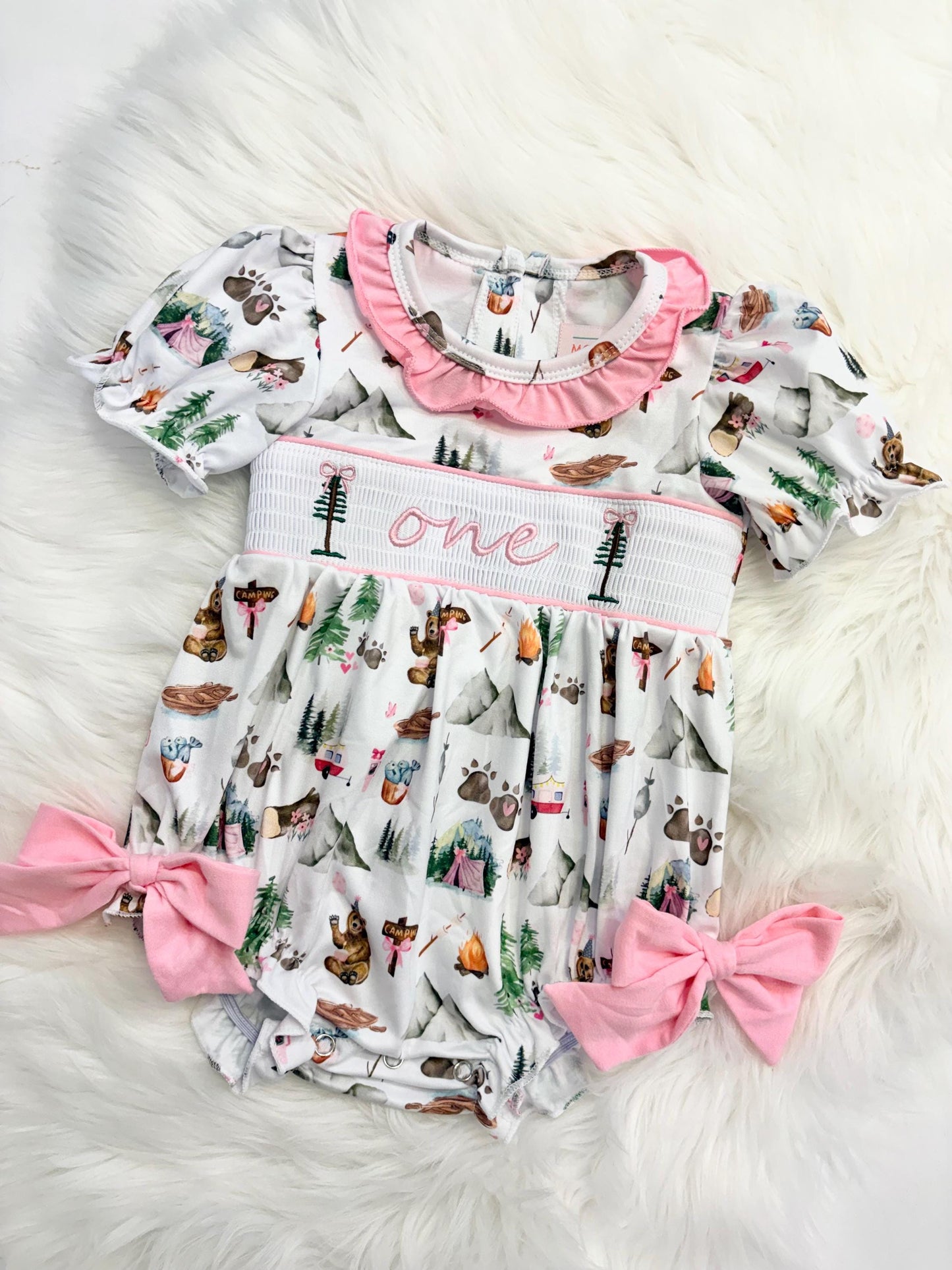 one happy camper girls first birthday bubble romper outfit pink bows first birthday girl romper pink and white outfit, camping pink green smocked dress first birthday embroidered camper smocked short sleeve 1st birthday outfit ruffle dress baby girls, the mod mango