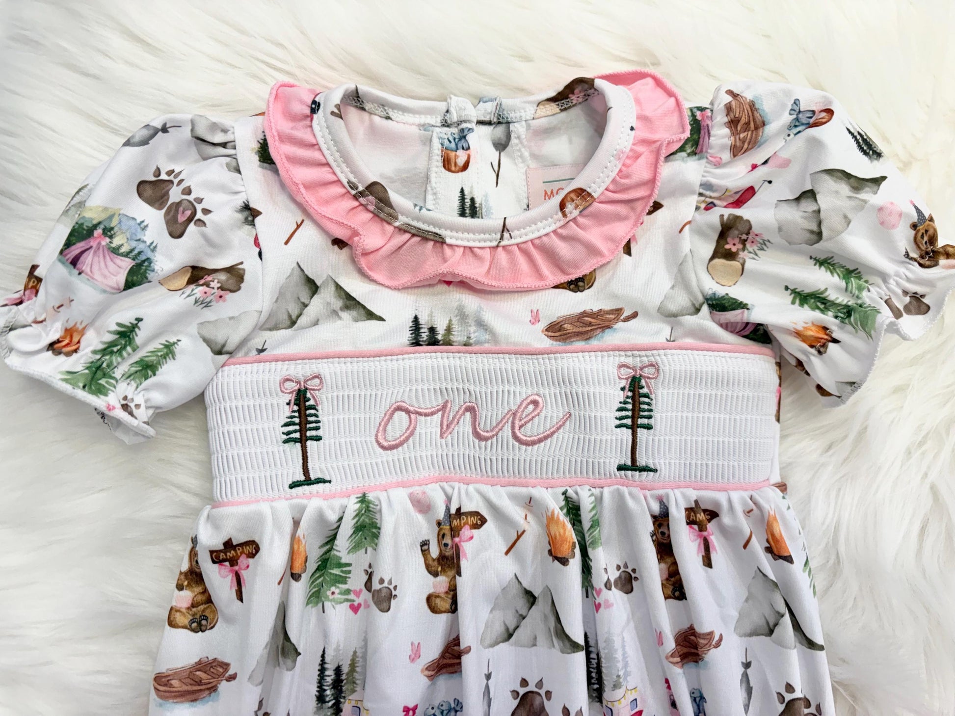 one happy camper girls first birthday bubble romper outfit pink bows first birthday girl romper pink and white outfit, camping pink green smocked dress first birthday embroidered camper smocked short sleeve 1st birthday outfit ruffle dress baby girls, the mod mango