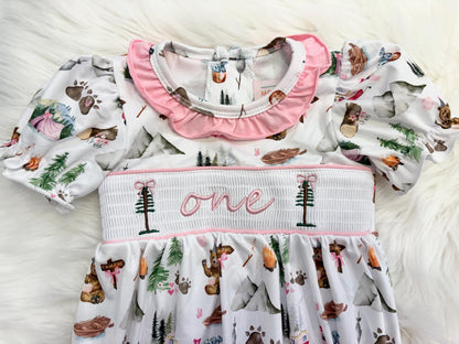 one happy camper girls first birthday bubble romper outfit pink bows first birthday girl romper pink and white outfit, camping pink green smocked dress first birthday embroidered camper smocked short sleeve 1st birthday outfit ruffle dress baby girls, the mod mango