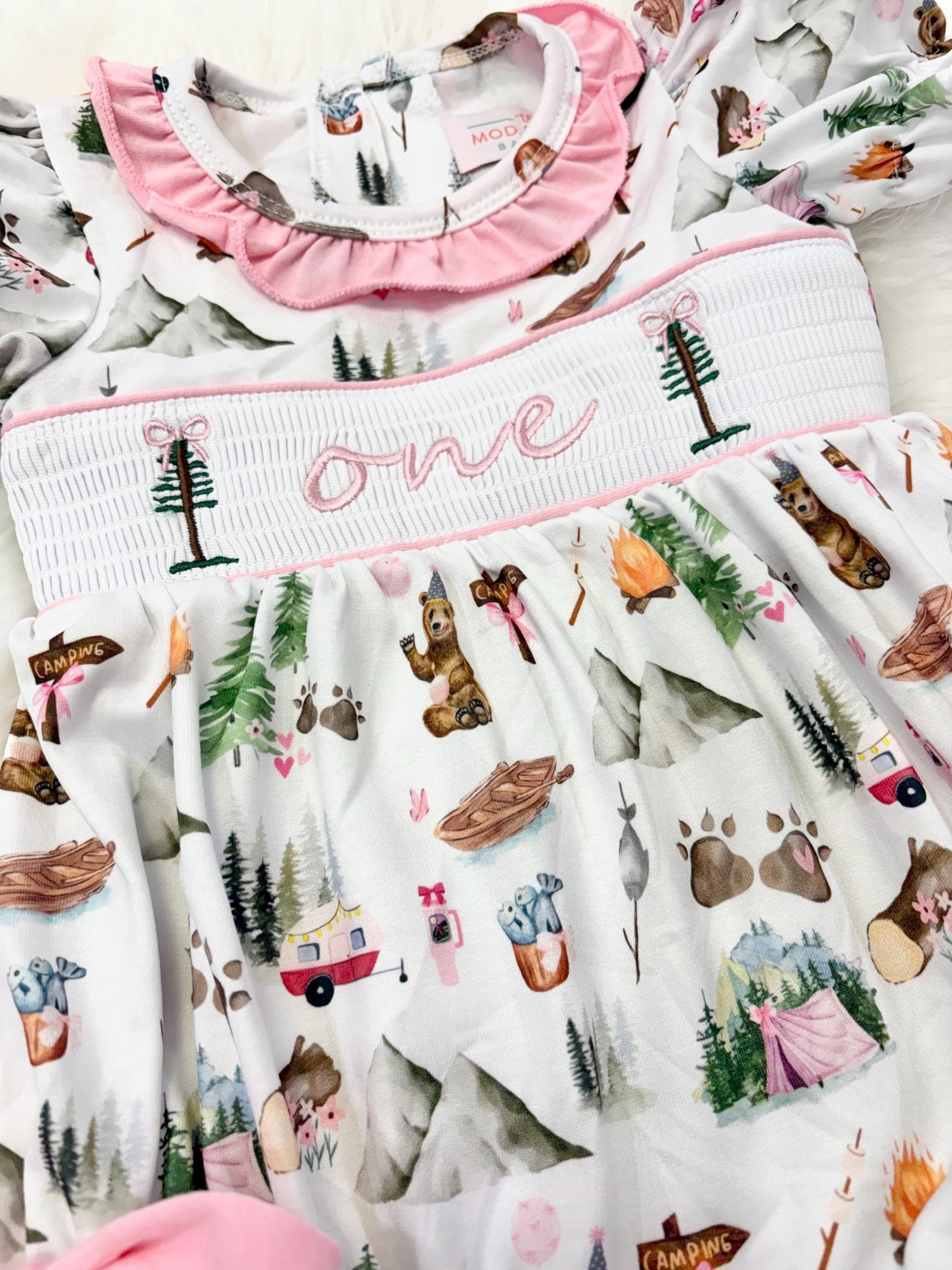 one happy camper girls first birthday bubble romper outfit pink bows first birthday girl romper pink and white outfit, camping pink green smocked dress first birthday embroidered camper smocked short sleeve 1st birthday outfit ruffle dress baby girls, the mod mango