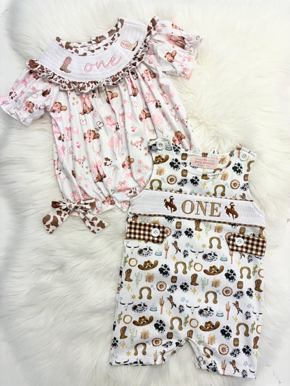 Rodeo Cowgirl 1st Birthday Smocked Romper: Holy Cow I'm ONE Pink Ruffles and Bows