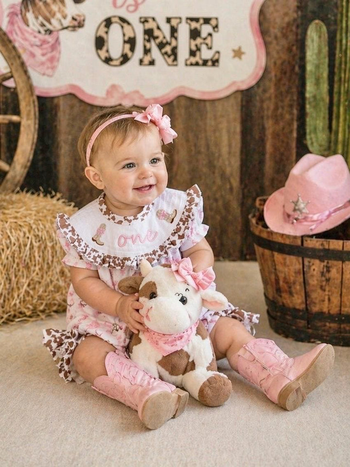 my first rodeo cowgirl girls first birthday bubble romper outfit pink bows brown cow print first birthday holy cow i'm one girl romper pink and white outfit, cowgirl boots pink smocked dress first birthday embroidered cow smocked short sleeve 1st birthday outfit ruffle dress baby girls, the mod mango