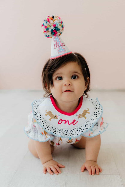 Custom First Birthday Mini Party Hat: Handmade Embroidered Felt Pom Pom