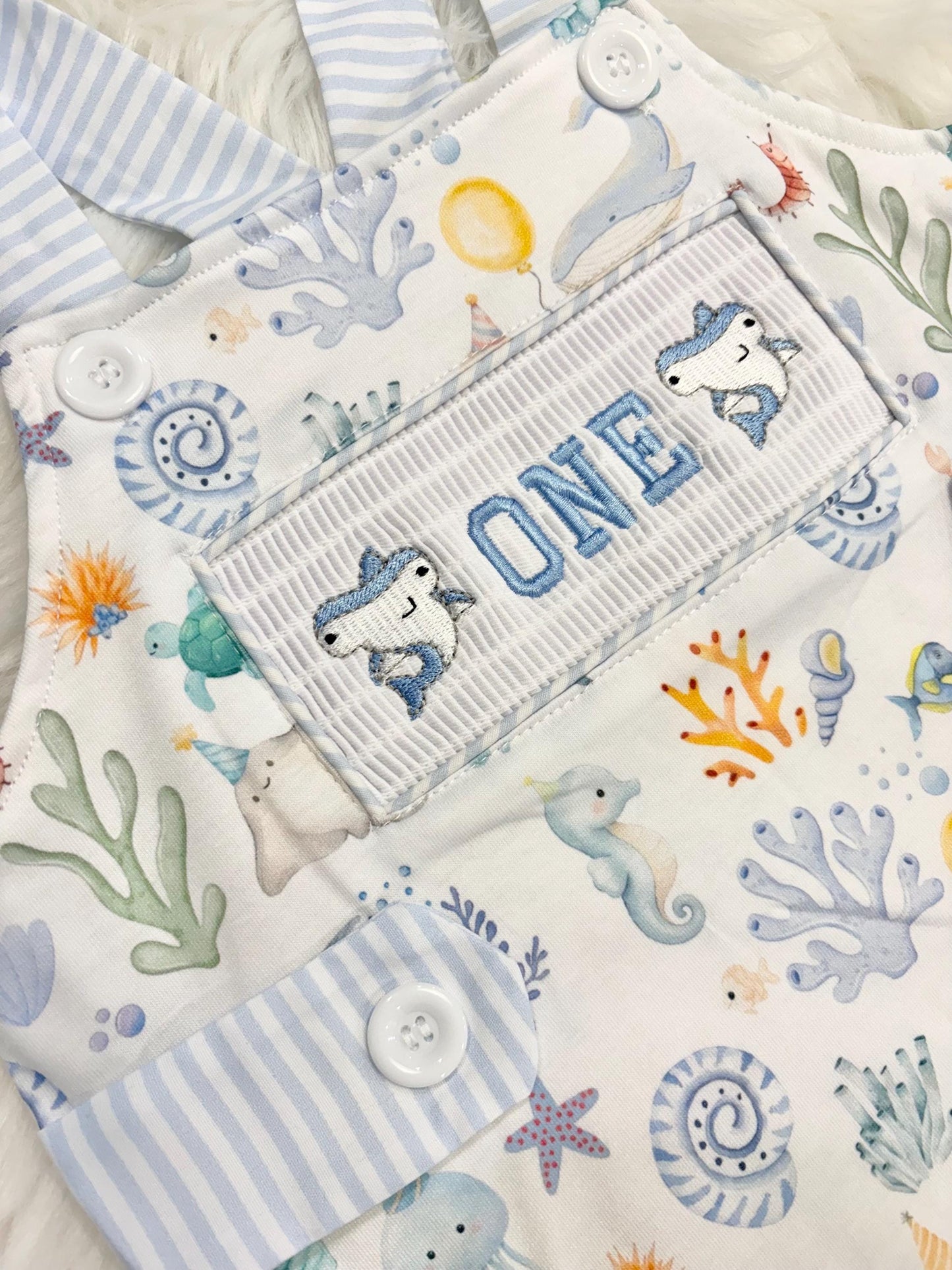 oneder the sea cake smash outfit first birthday boy romper under the sea ocean summer baby blue green white orange blue smash cake outfit overalls, ONE smocked romper first birthday sea ocean creatures party fish, beach ocean shark whale seashells octopus outdoors embroidered smocked spring summer 1st birthday boy outfit romper baby boys cake smash outfit, the mod mango baby boutique co