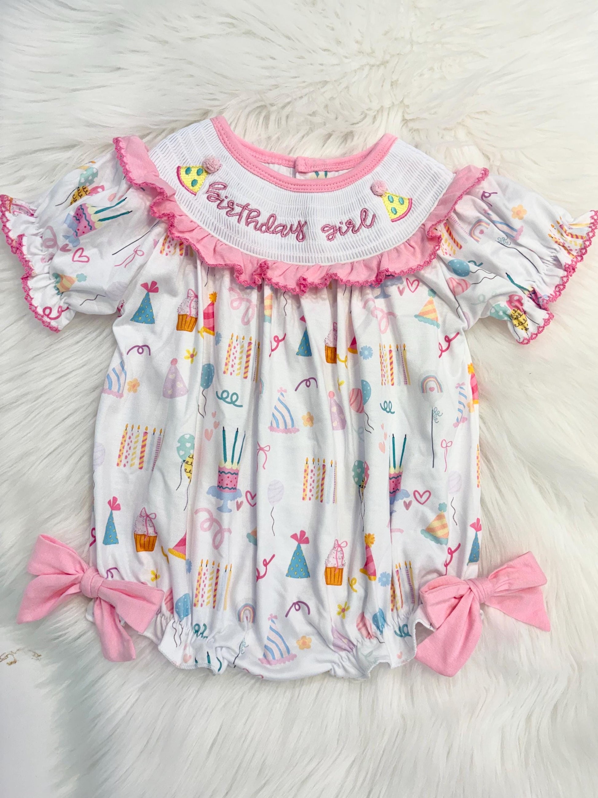 birthday girl party hat outfit one is fun first birthday outfit, pink first birthday smocked bubble romper outfit its fun to be one pink bow ruffle first birthday girl romper pink and white outfit, colorful rainbow pink white smocked bubble romper first birthday winter bows ruffle bows  embroidered smocked long sleeve 1st birthday outfit romper baby girls, the mod mango baby boutique co