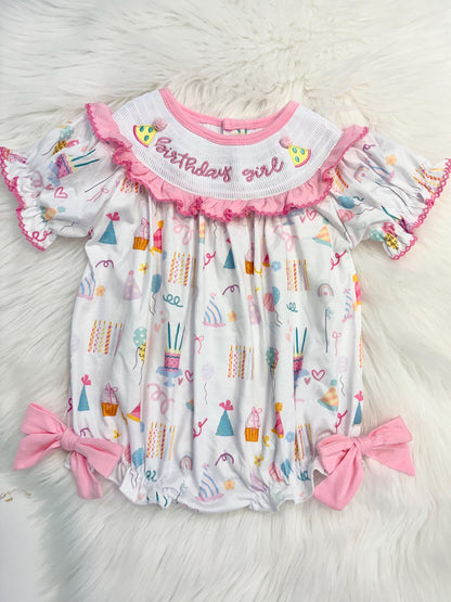 birthday girl party hat outfit one is fun first birthday outfit, pink first birthday smocked bubble romper outfit its fun to be one pink bow ruffle first birthday girl romper pink and white outfit, colorful rainbow pink white smocked bubble romper first birthday winter bows ruffle bows  embroidered smocked long sleeve 1st birthday outfit romper baby girls, the mod mango baby boutique co
