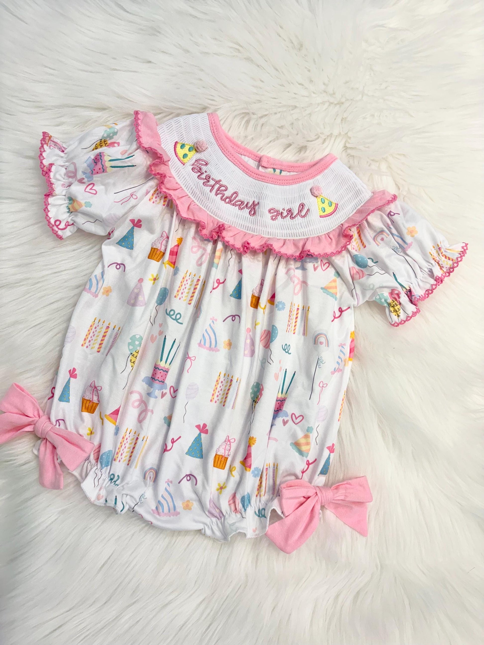 birthday girl party hat outfit one is fun first birthday outfit, pink first birthday smocked bubble romper outfit its fun to be one pink bow ruffle first birthday girl romper pink and white outfit, colorful rainbow pink white smocked bubble romper first birthday winter bows ruffle bows  embroidered smocked long sleeve 1st birthday outfit romper baby girls, the mod mango baby boutique co