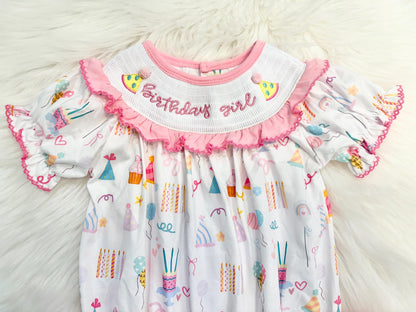 birthday girl party hat outfit one is fun first birthday outfit, pink first birthday smocked bubble romper outfit its fun to be one pink bow ruffle first birthday girl romper pink and white outfit, colorful rainbow pink white smocked bubble romper first birthday winter bows ruffle bows  embroidered smocked long sleeve 1st birthday outfit romper baby girls, the mod mango baby boutique co