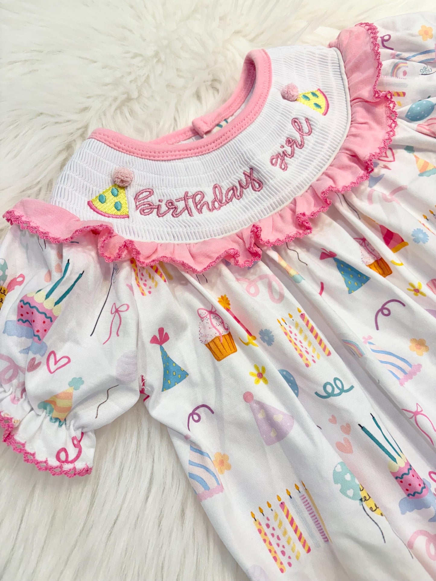 birthday girl party hat outfit one is fun first birthday outfit, pink first birthday smocked bubble romper outfit its fun to be one pink bow ruffle first birthday girl romper pink and white outfit, colorful rainbow pink white smocked bubble romper first birthday winter bows ruffle bows  embroidered smocked long sleeve 1st birthday outfit romper baby girls, the mod mango baby boutique co