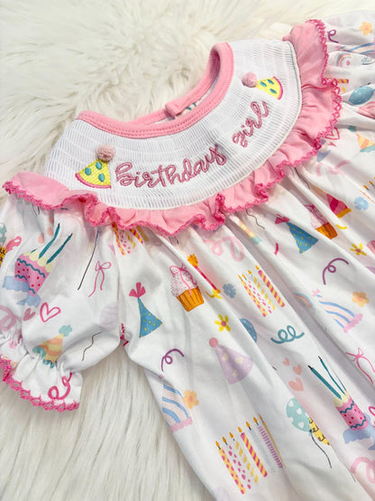 birthday girl party hat outfit one is fun first birthday outfit, pink first birthday smocked bubble romper outfit its fun to be one pink bow ruffle first birthday girl romper pink and white outfit, colorful rainbow pink white smocked bubble romper first birthday winter bows ruffle bows  embroidered smocked long sleeve 1st birthday outfit romper baby girls, the mod mango baby boutique co
