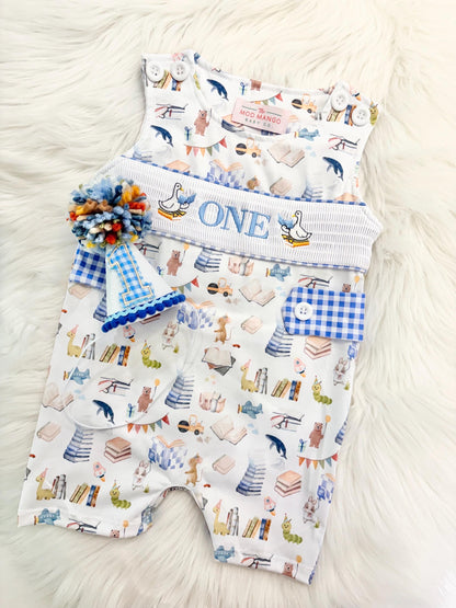 chapter one books birthday boy romper one for the books shortalls blue white gingham smash cake outfit overalls, ONE smocked romper first birthday books, storybooks baby goose embroidered smocked spring summer fall 1st birthday boy outfit romper baby boys reading 1st birthday, the mod mango baby co