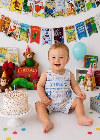 chapter one birthday outfit, books birthday boy romper one for the books shortalls blue white gingham smash cake outfit overalls, ONE smocked romper first birthday books, storybooks baby goose embroidered smocked spring summer fall 1st birthday boy outfit romper baby boys reading 1st birthday, the mod mango baby co