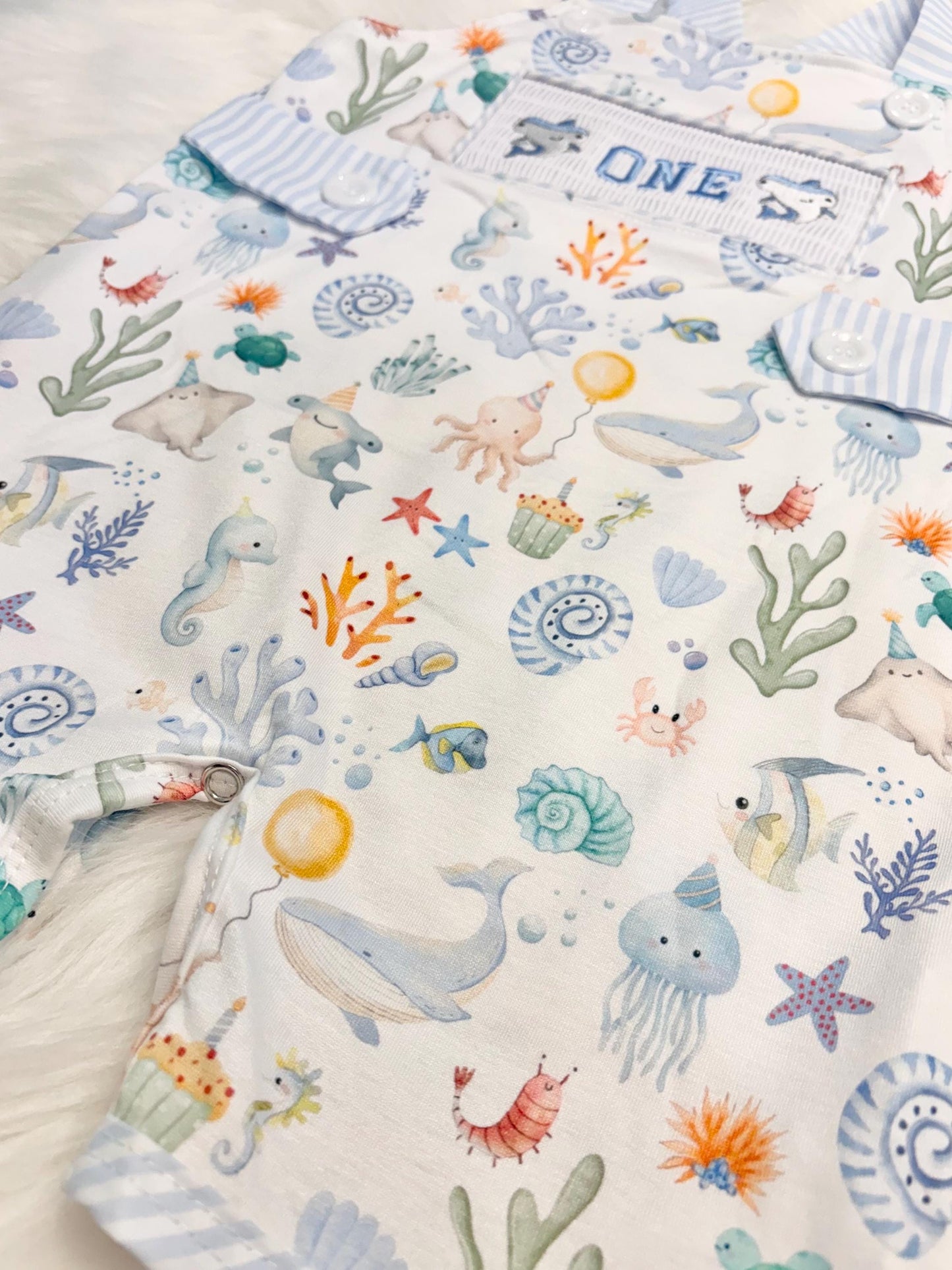 oneder the sea cake smash outfit first birthday boy romper under the sea ocean summer baby blue green white orange blue smash cake outfit overalls, ONE smocked romper first birthday sea ocean creatures party fish, beach ocean shark whale seashells octopus outdoors embroidered smocked spring summer 1st birthday boy outfit romper baby boys cake smash outfit, the mod mango baby boutique co