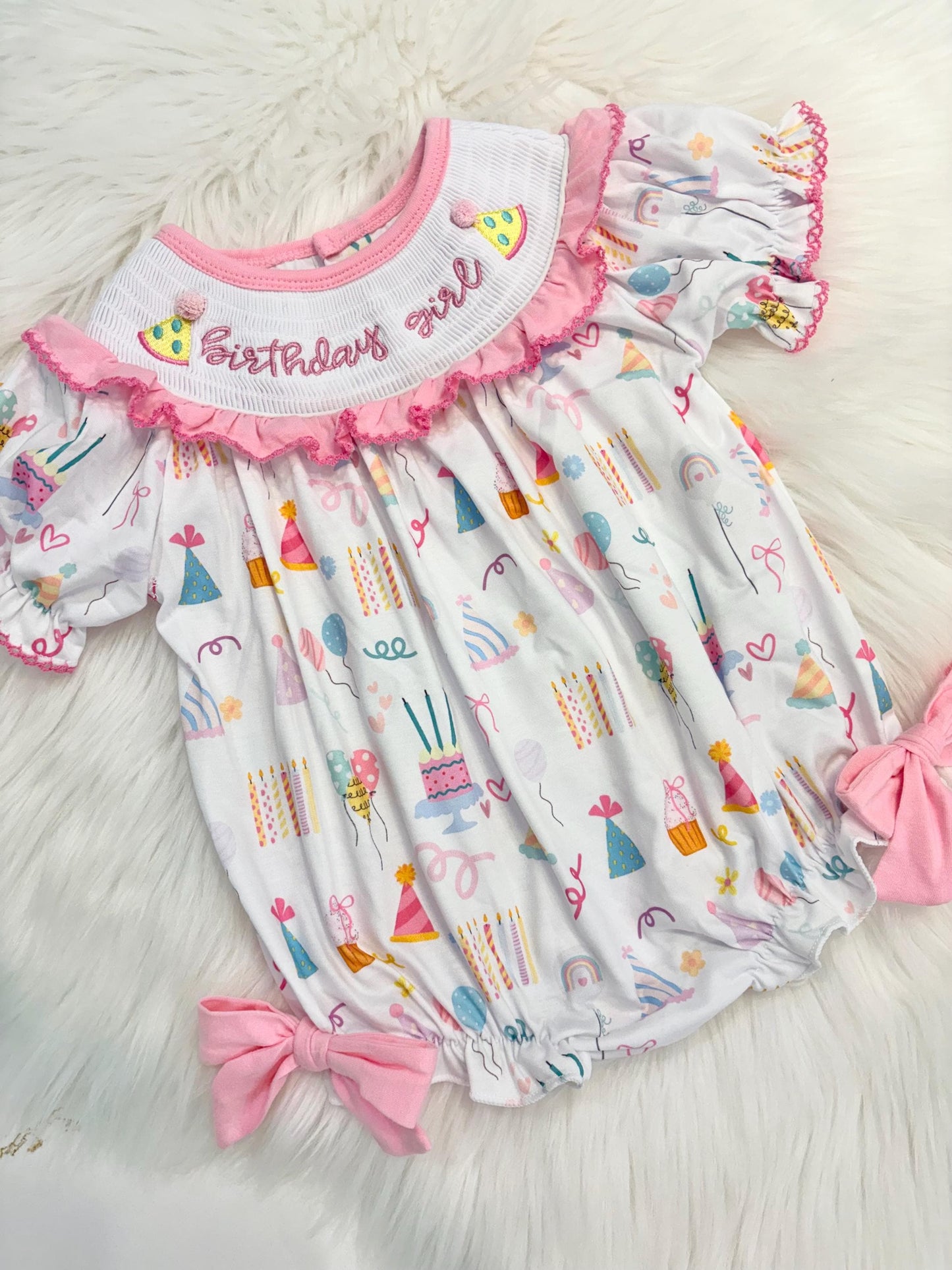 birthday girl party hat outfit one is fun first birthday outfit, pink first birthday smocked bubble romper outfit its fun to be one pink bow ruffle first birthday girl romper pink and white outfit, colorful rainbow pink white smocked bubble romper first birthday winter bows ruffle bows  embroidered smocked long sleeve 1st birthday outfit romper baby girls, the mod mango baby boutique co