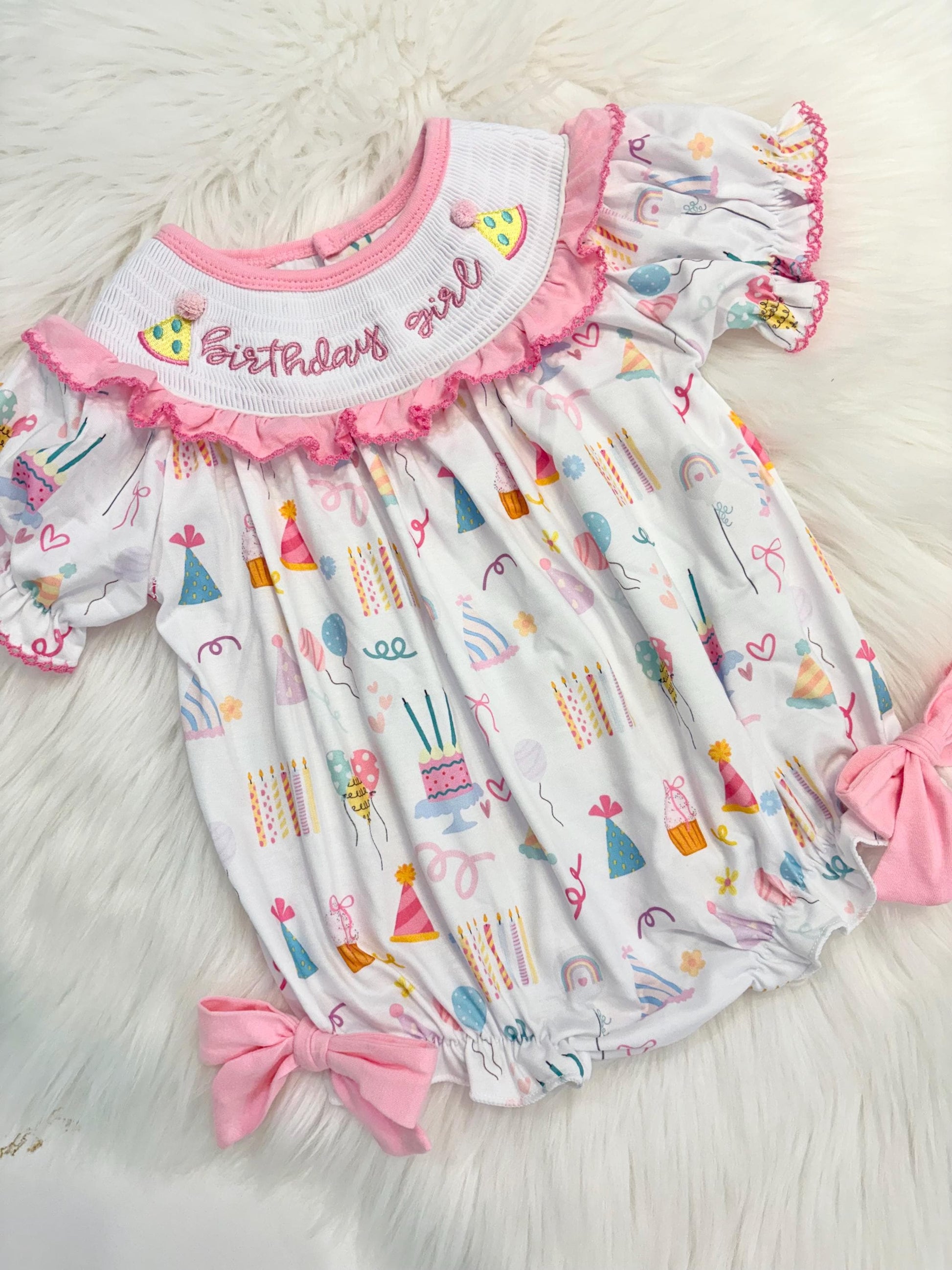 birthday girl party hat outfit one is fun first birthday outfit, pink first birthday smocked bubble romper outfit its fun to be one pink bow ruffle first birthday girl romper pink and white outfit, colorful rainbow pink white smocked bubble romper first birthday winter bows ruffle bows  embroidered smocked long sleeve 1st birthday outfit romper baby girls, the mod mango baby boutique co