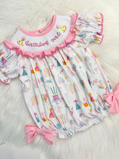 birthday girl party hat outfit one is fun first birthday outfit, pink first birthday smocked bubble romper outfit its fun to be one pink bow ruffle first birthday girl romper pink and white outfit, colorful rainbow pink white smocked bubble romper first birthday winter bows ruffle bows  embroidered smocked long sleeve 1st birthday outfit romper baby girls, the mod mango baby boutique co