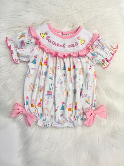 birthday girl party hat outfit one is fun first birthday outfit, pink first birthday smocked bubble romper outfit its fun to be one pink bow ruffle first birthday girl romper pink and white outfit, colorful rainbow pink white smocked bubble romper first birthday winter bows ruffle bows  embroidered smocked long sleeve 1st birthday outfit romper baby girls, the mod mango baby boutique co